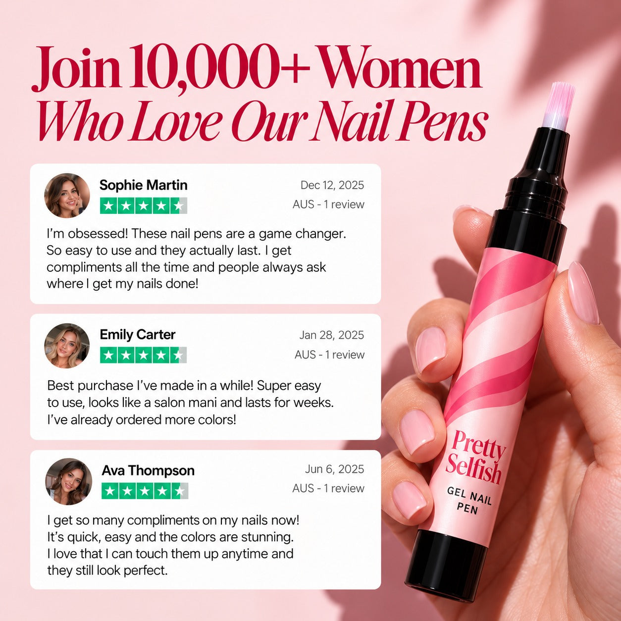 Pretty Selfish gel nail pen and customer review collage