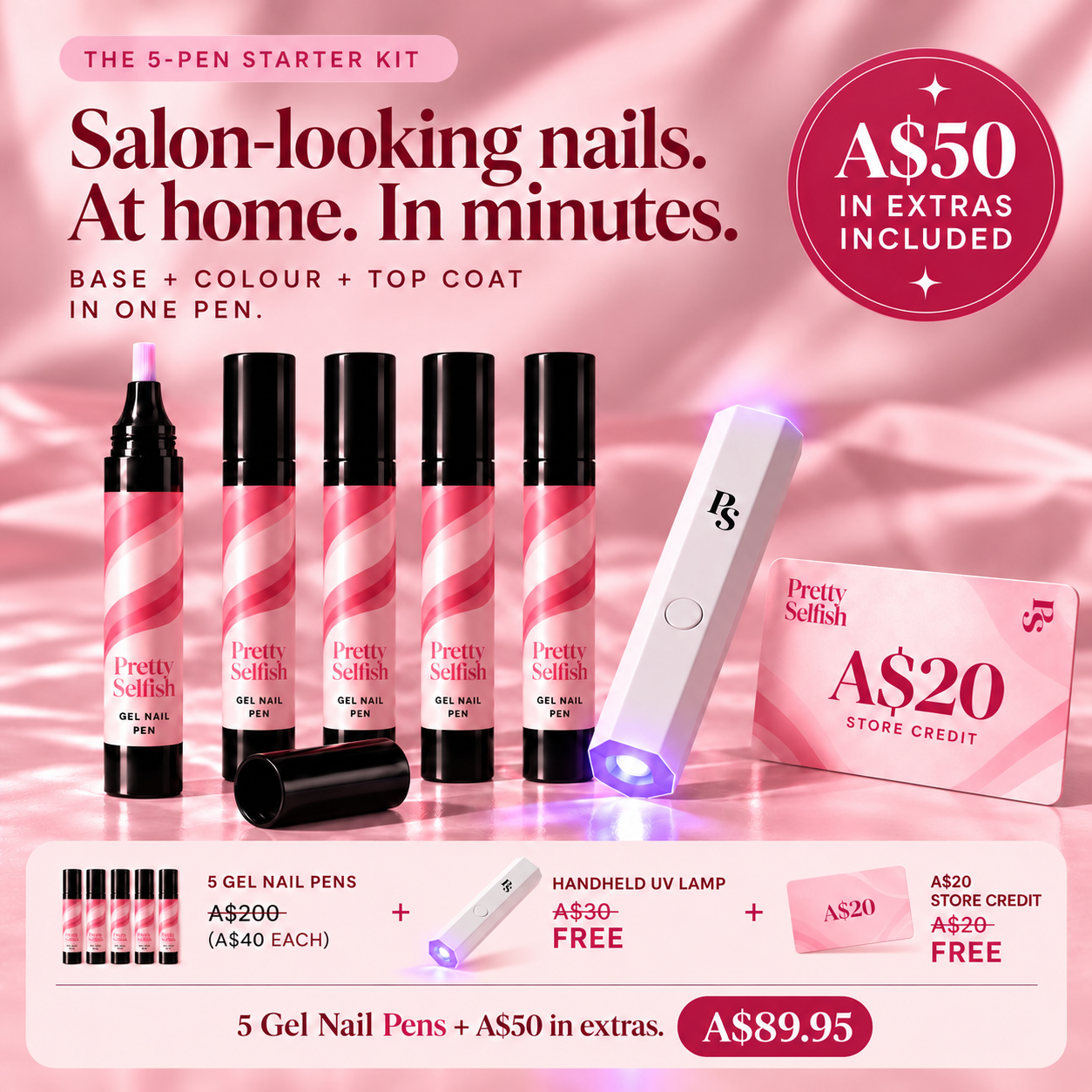 Pretty Selfish five-pen starter kit with handheld UV lamp and A$20 store credit for A$89.95